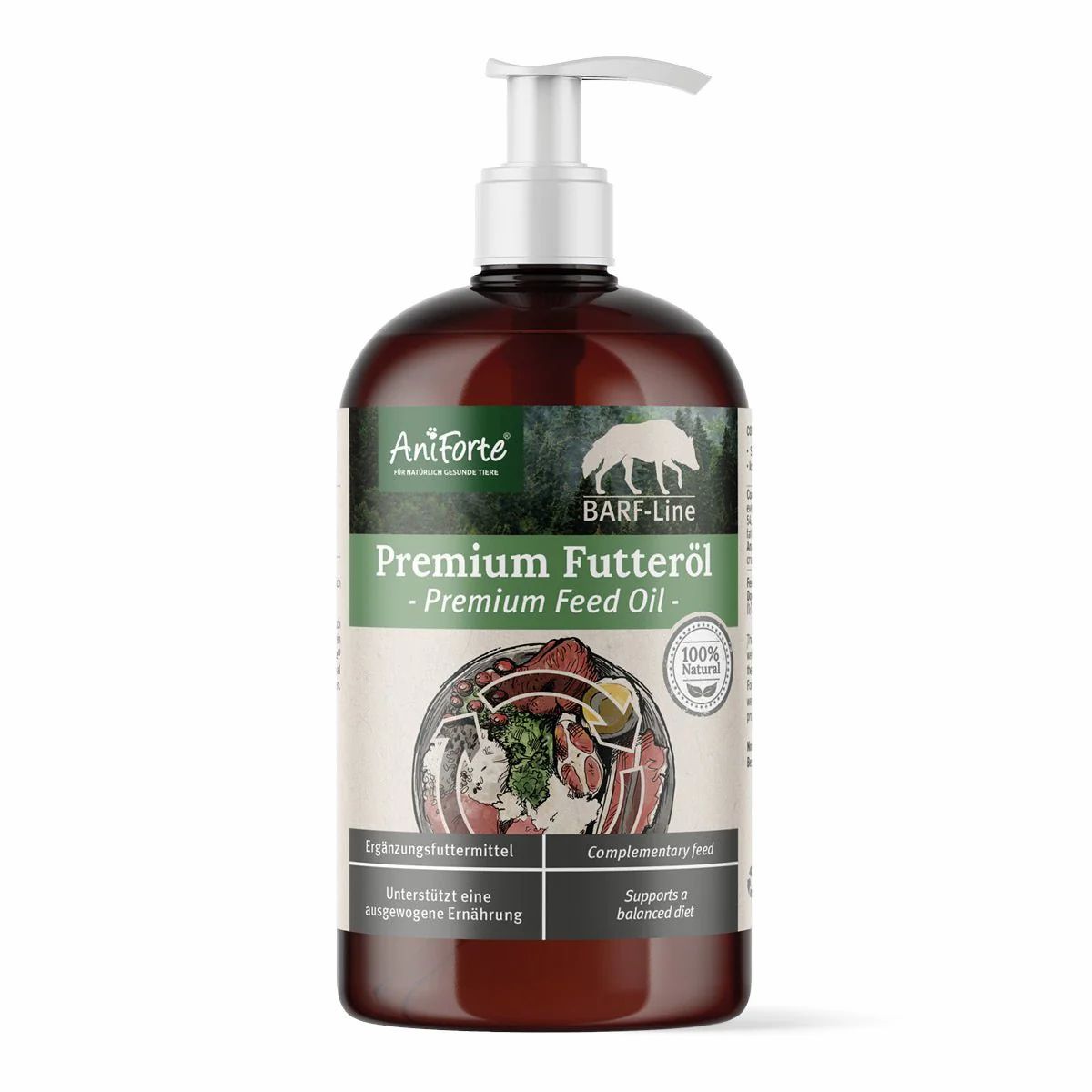Braune Flasche mit Pumpe. Etikett mit Produktname, Logo und Text. 100% natürlich.