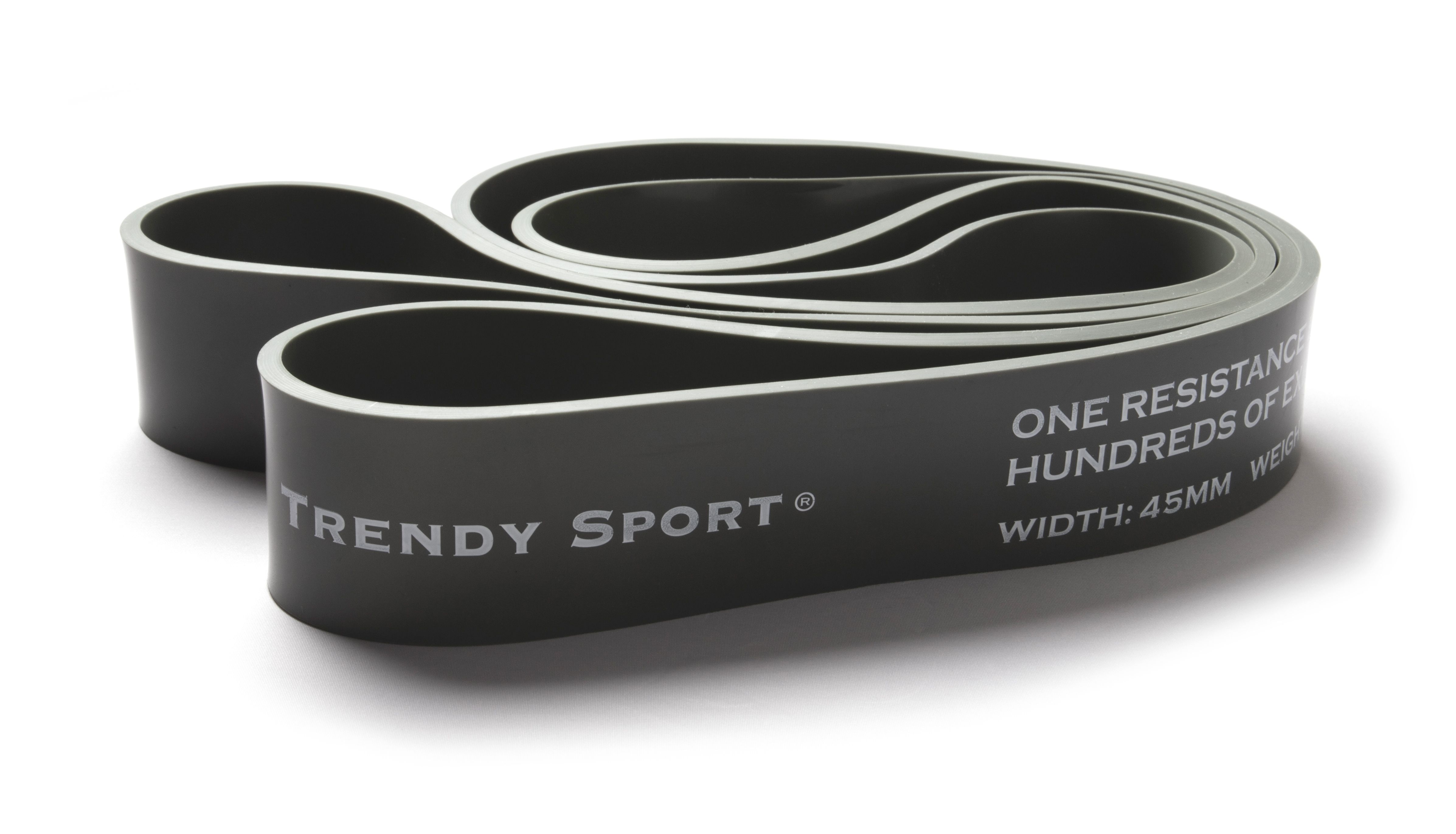 Schwarzes Fitnessband mit weißem Aufdruck. Aufschrift: Trendy Sport, One Resistance Band, Breite: 45mm.