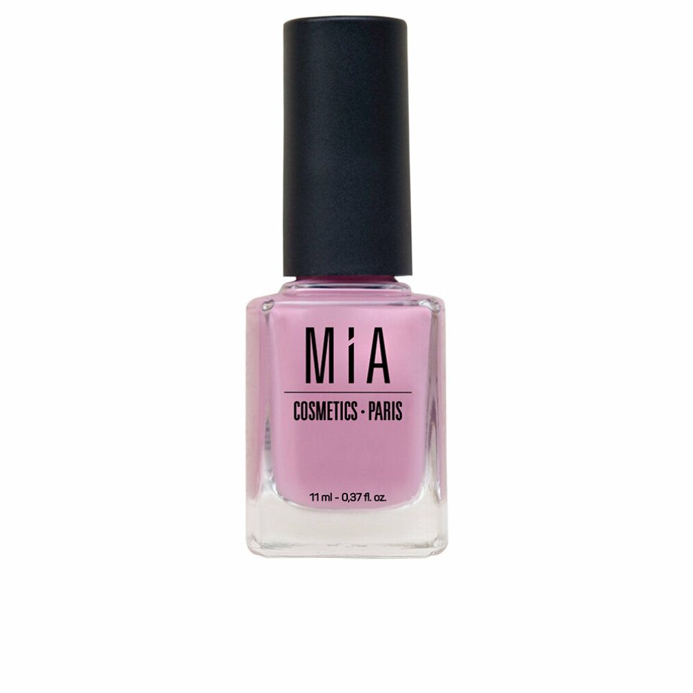 Nagellackflasche mit rosa Inhalt und schwarzem Deckel. Aufschrift: MIA COSMETICS - PARIS. Volumen: 11 ml - 0.37 fl. oz.