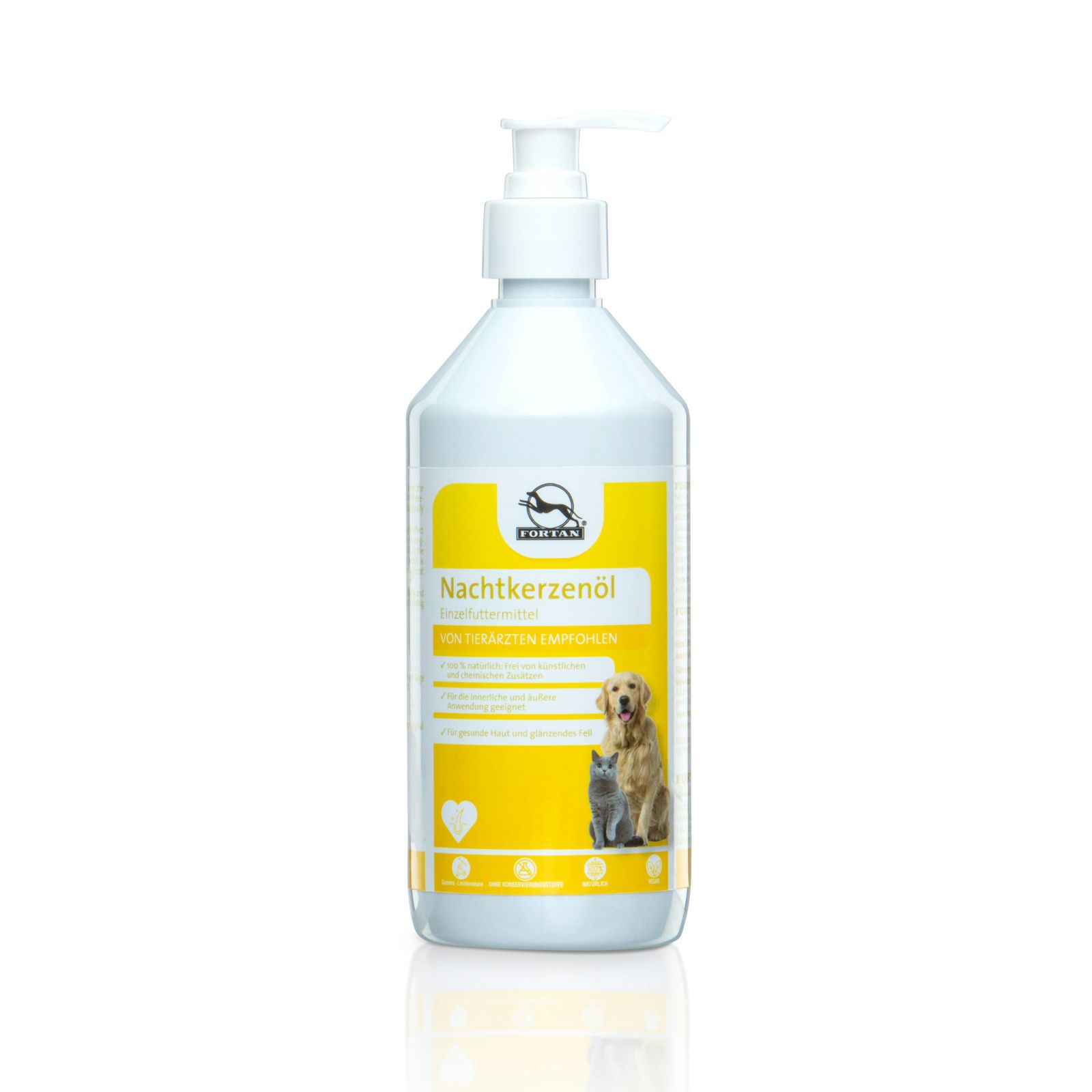 Flasche mit FORTAN Nachtkerzenöl. Gelbes Etikett mit Logo, Text und Abbildung von Hund und Katze. Weißer Pumpverschluss.