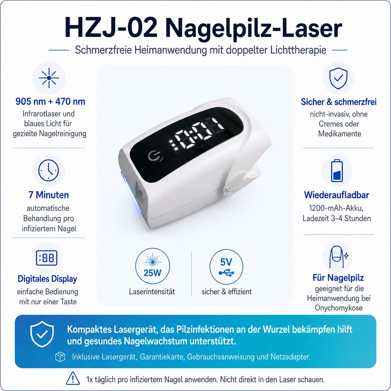 Weißes Lasergerät zur Nagelpilzbehandlung mit digitalem Display, 905nm+470nm Infrarot- und Blaulicht, 25W Laserintensität.