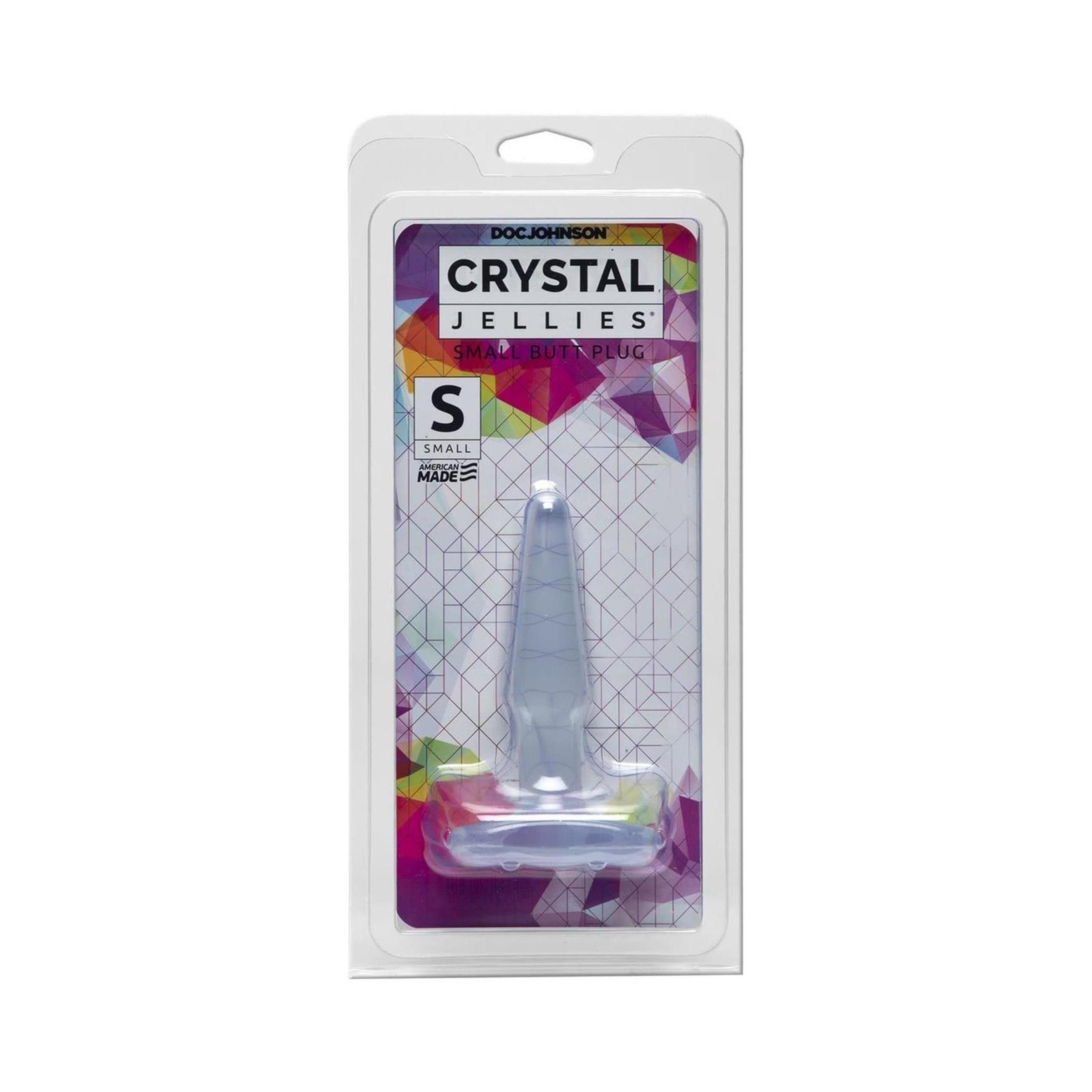 Butt Plug in Verpackung. Marke Doc Johnson, Modell Crystal Jellies. Größe S. Transparente Farbe.