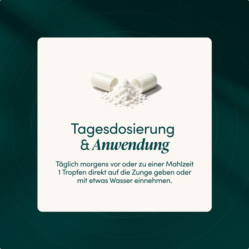 Eine geöffnete Kapsel mit Pulver, die die Tagesdosierung und Anwendung von Sonnenvitamin D3+K2 zeigt.