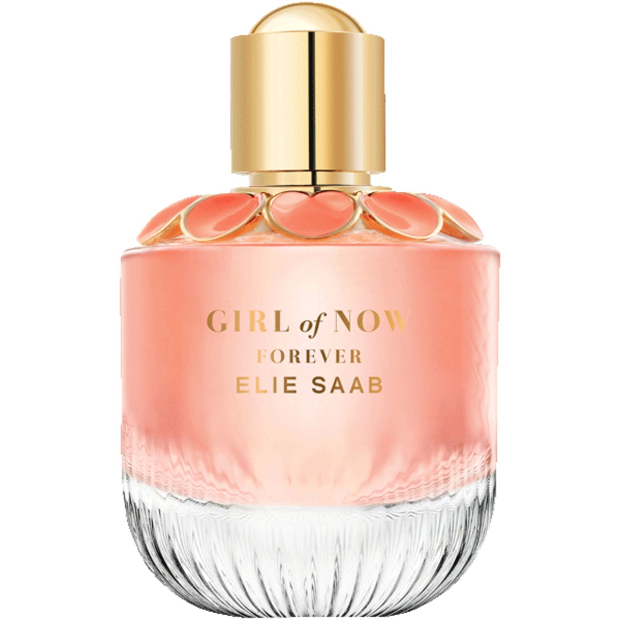 Runder Flakon mit rosa Flüssigkeit. Goldener Deckel. Aufschrift: GIRL of NOW FOREVER ELIE SAAB. Blütenförmiger Aufsatz.