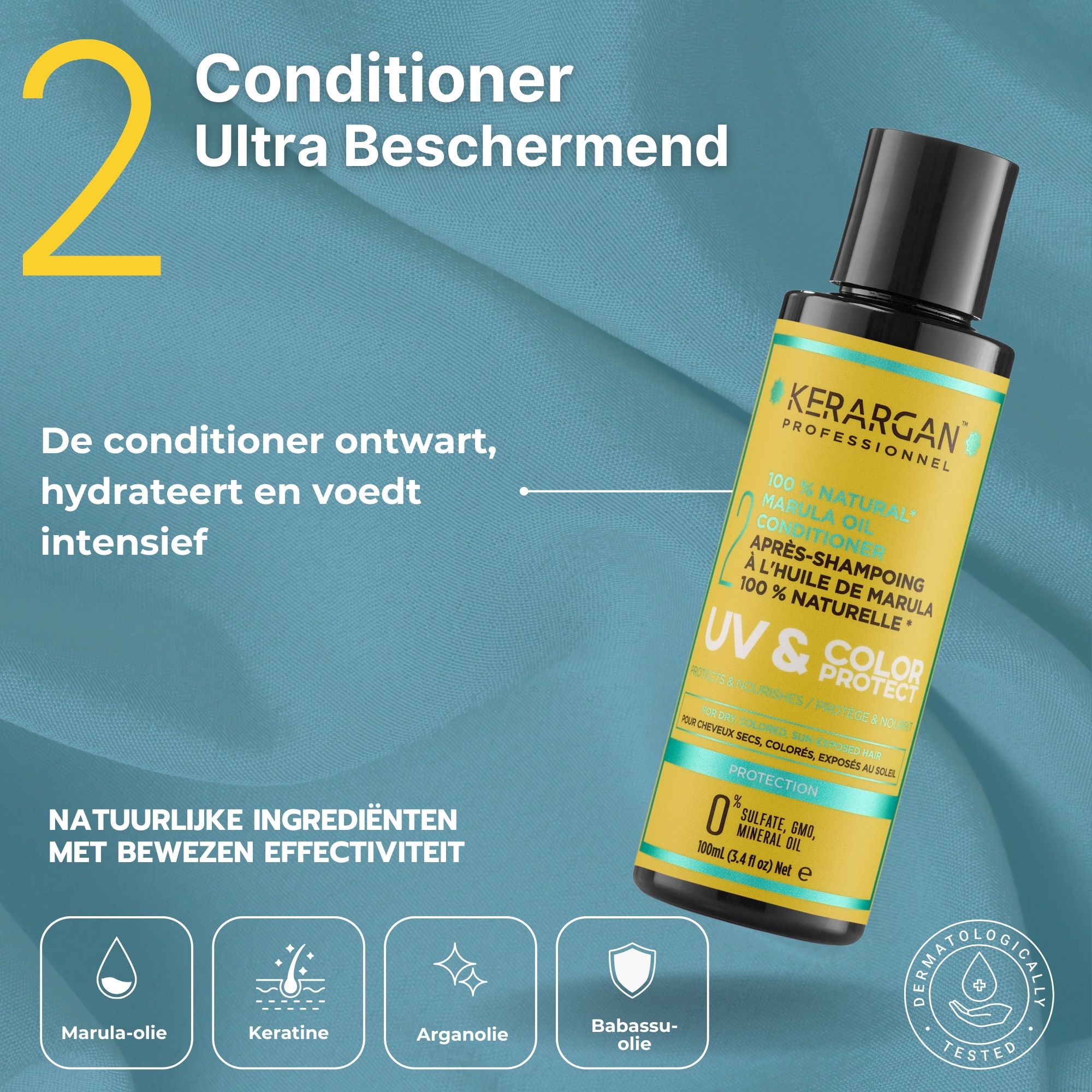 Gele fles met zwarte dop. Opschrift: Kerargan, Conditioner, UV & Color Protect. Bevat marula-olie. Dermatologisch getest.