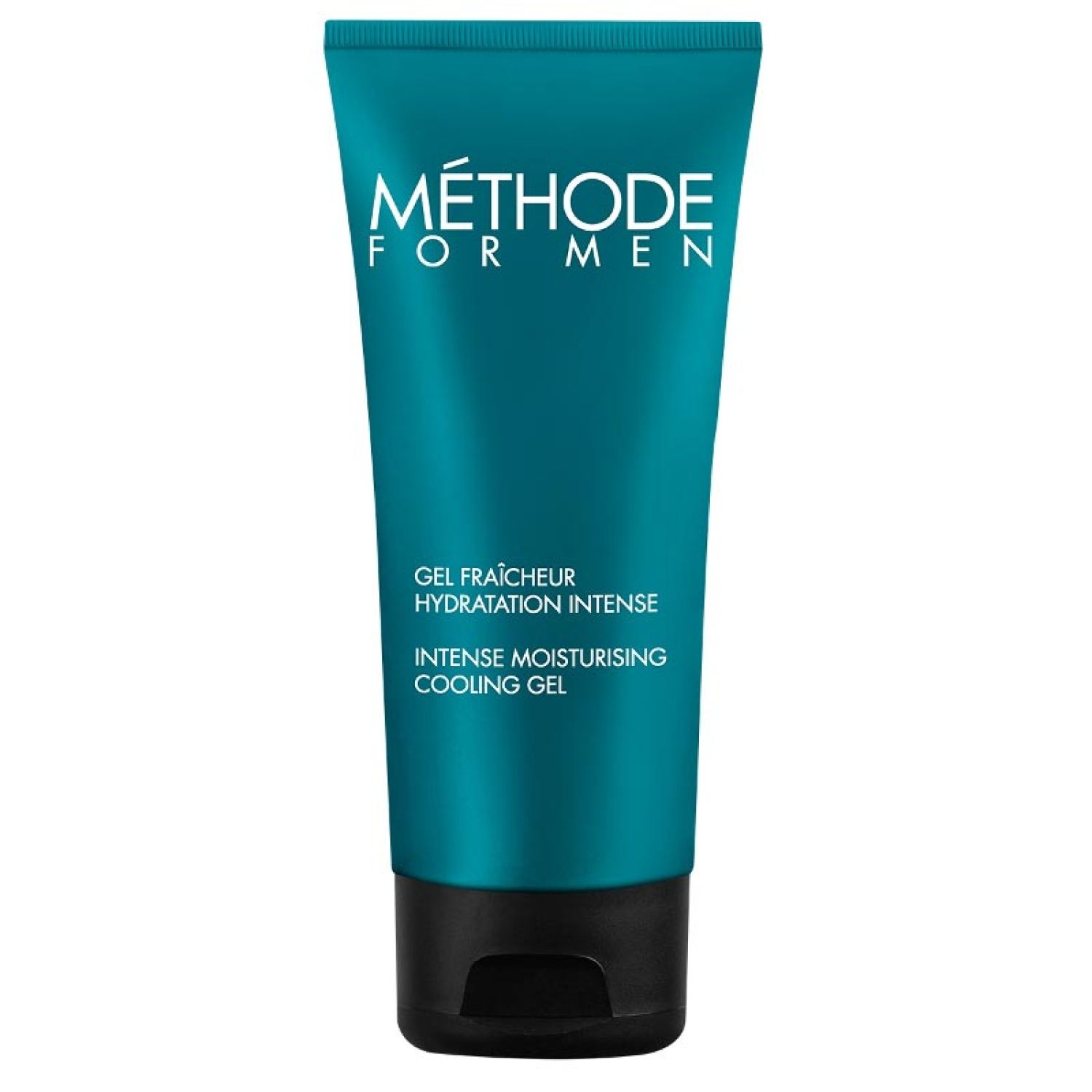 Türkisblaue Tube mit schwarzem Deckel. Aufschrift: MÉTHODE FOR MEN, GEL FRAÎCHEUR, HYDRATATION INTENSE, INTENSE MOISTURISING COOLING GEL.