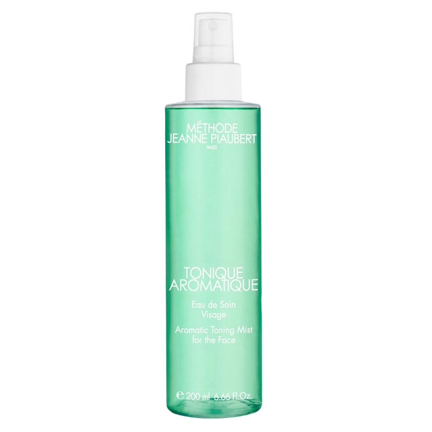 Grüne Sprühflasche mit weißem Sprühkopf. Text: Jeanne Piaubert, Tonique Aromatique, 200 ml.