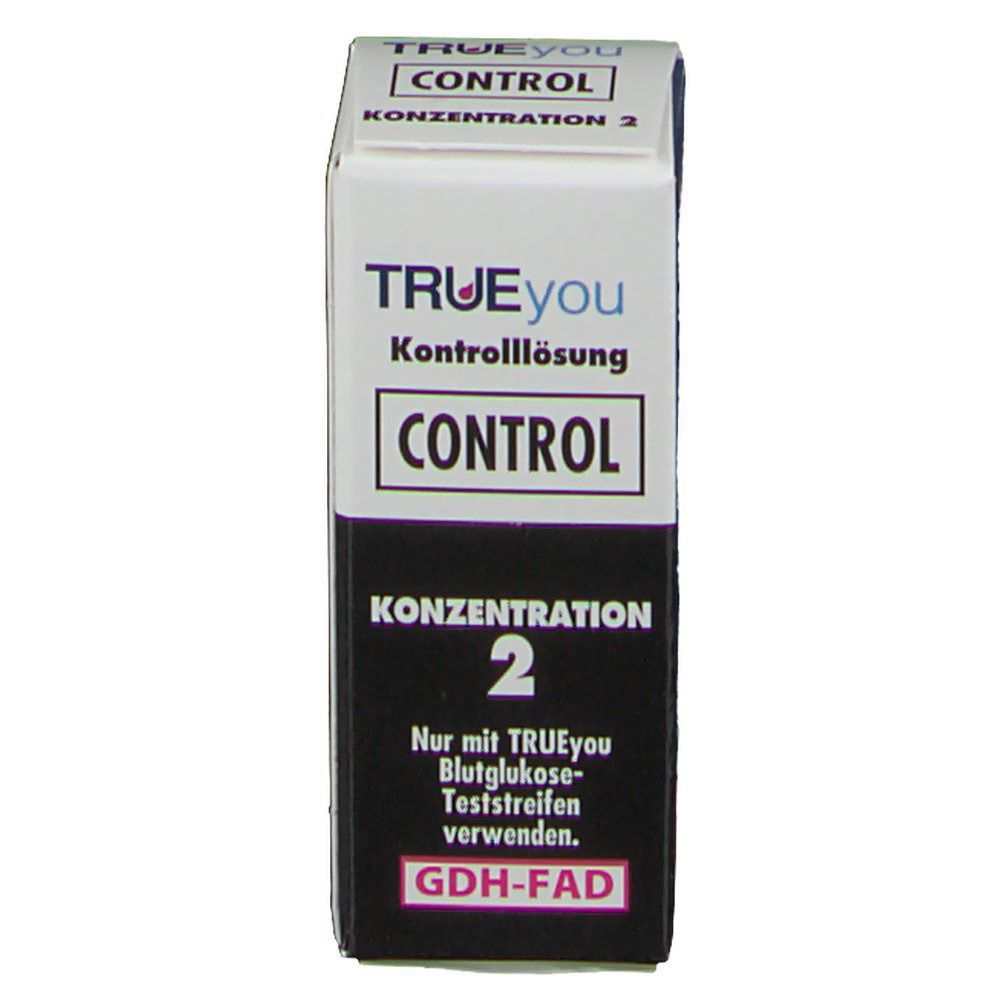 Kartonverpackung mit Produktinformationen. Aufschrift: TRUEYOU CONTROL Konzentration 2. Produktname und weitere Informationen.