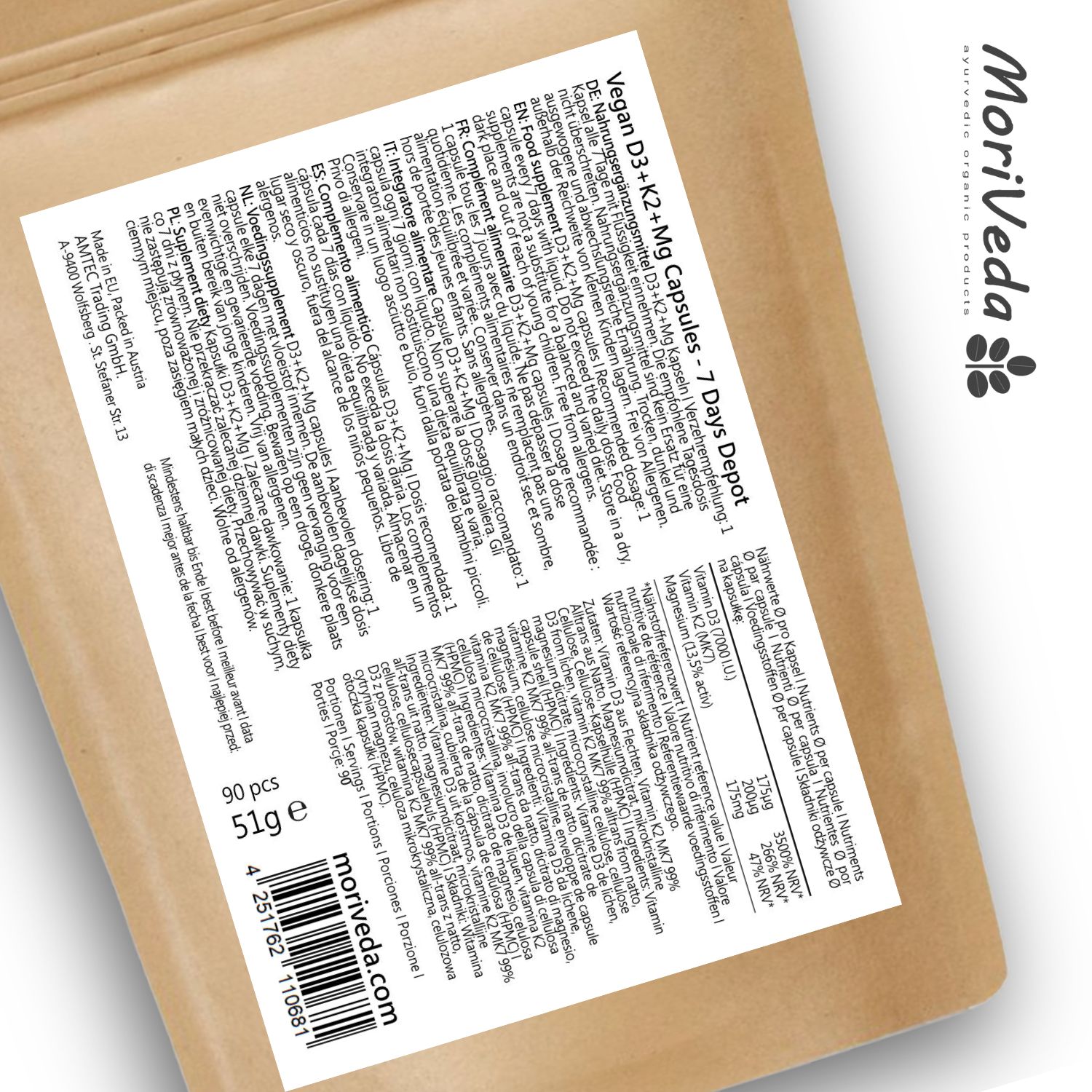 Moriveda Vegane Vitamin D3+K2+Magnesium Kapseln – 7000 I.E D3, 200 µg K2 MK7, laborgeprüft