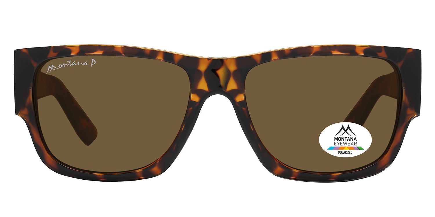 Sonnenbrille mit braunen Gläsern und Schildpatt-Muster. Montana Eyewear Logo und polarisiert-Aufkleber.