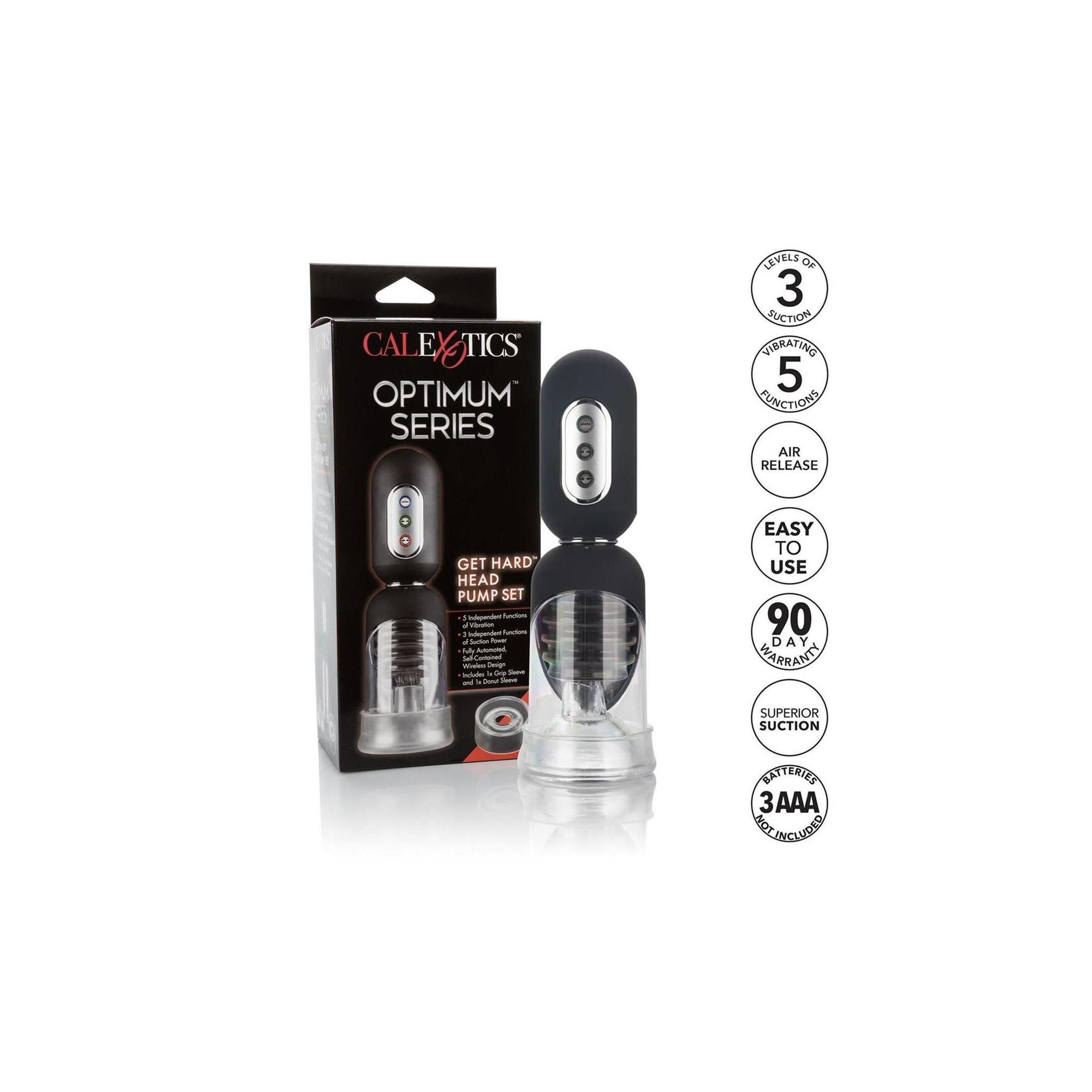 Produkt und Verpackung. Schwarze Box mit Produkt und Text: CALEXOTICS OPTIMUM SERIES, GET HARD HEAD PUMP SET.