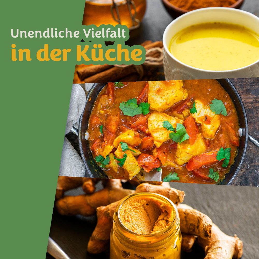 Ein Glas Kurkumapaste mit frischen Kurkumawurzeln und Zimtstangen.