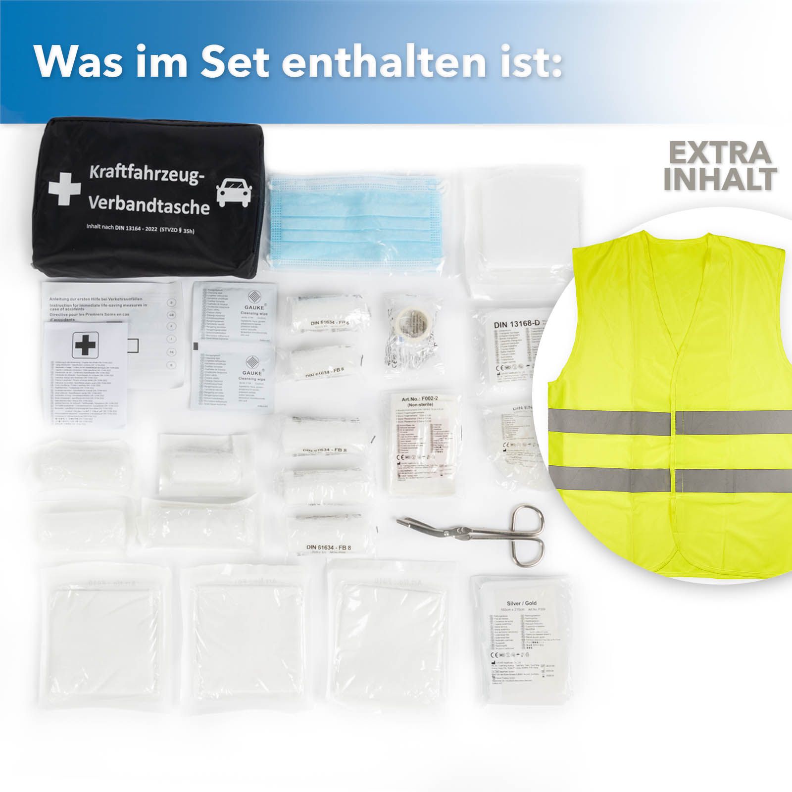 KARAT KFZ-Verbandtasche - Erste Hilfe Set - DIN 13164:2022 mit zwei Masken und Warnweste