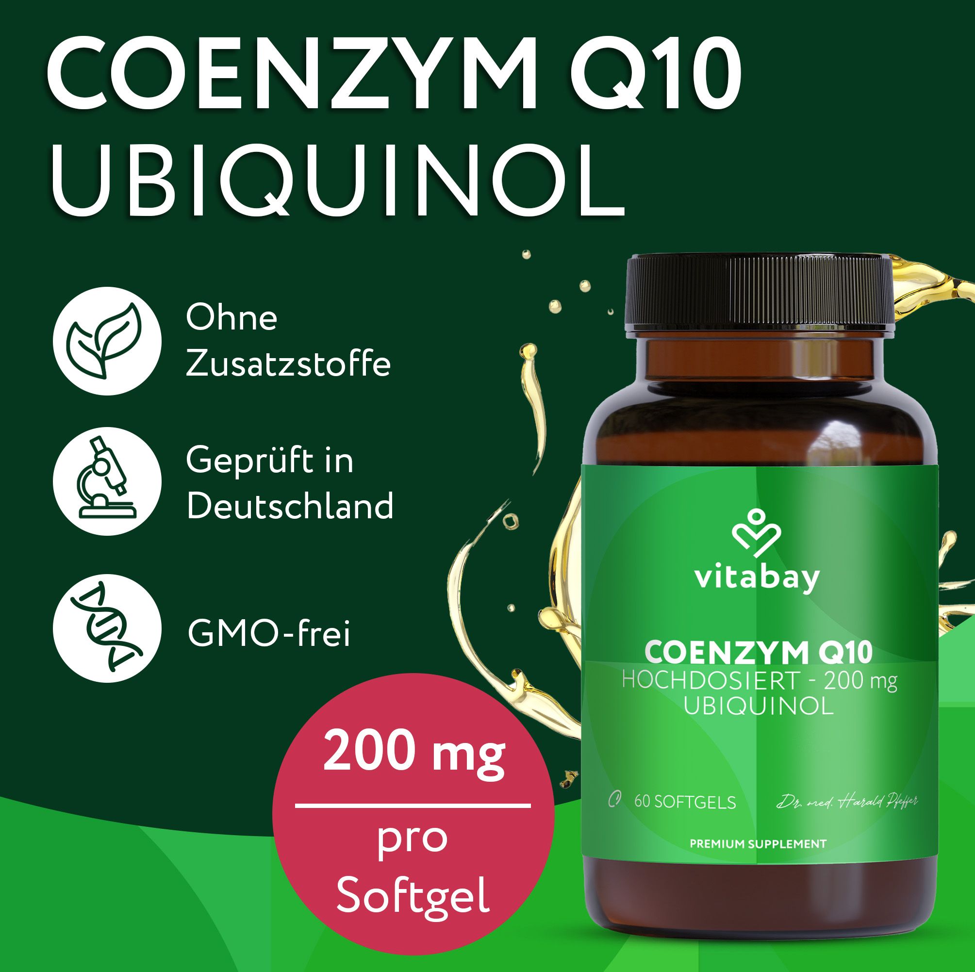 Vitabay Coenzym Q10 Ubiquinol. Ohne Zusatzstoffe, geprüft in Deutschland, GMO-frei. 200 mg pro Softgel. Braune Flasche.