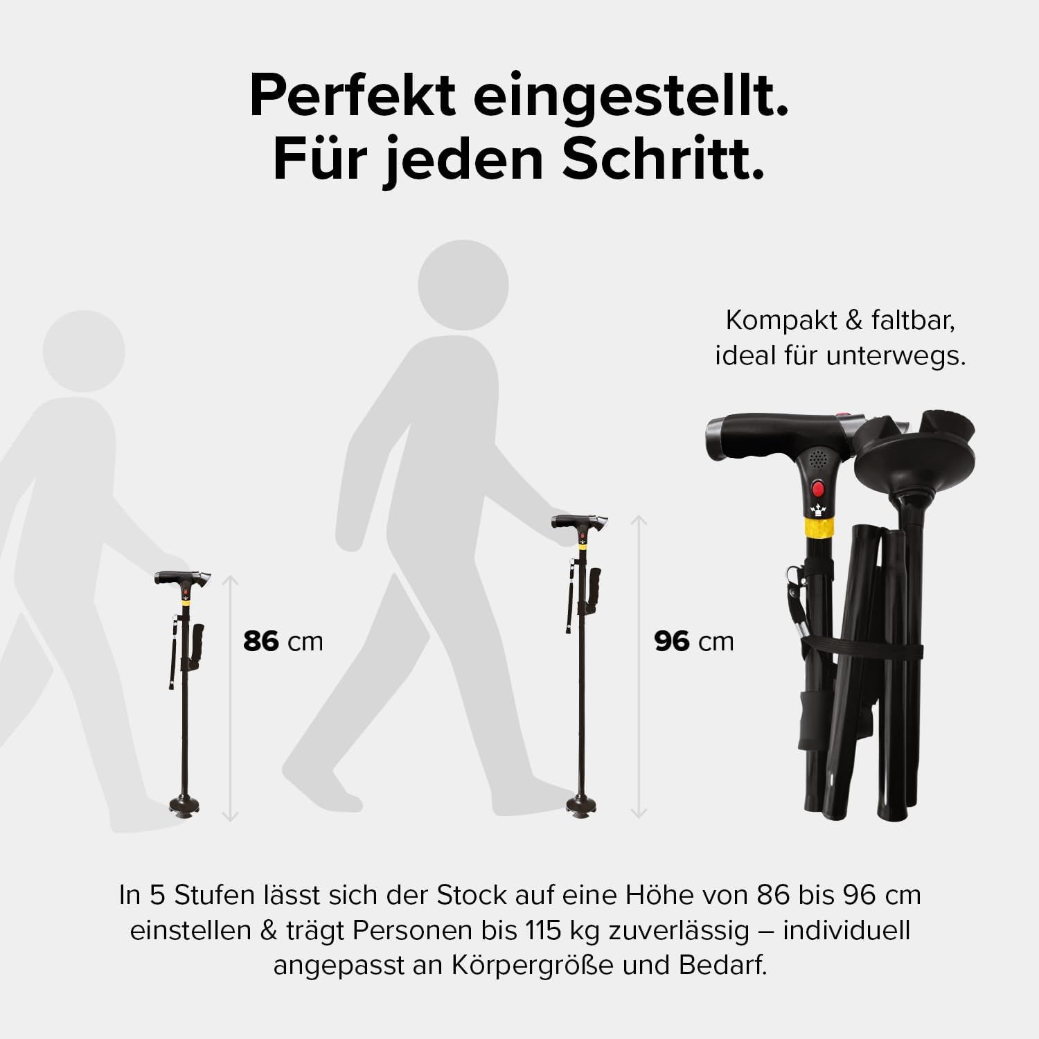 Zwei schematische Figuren zeigen die Höhenverstellung eines DR-HO'S Gehstocks von 86 cm auf 96 cm.