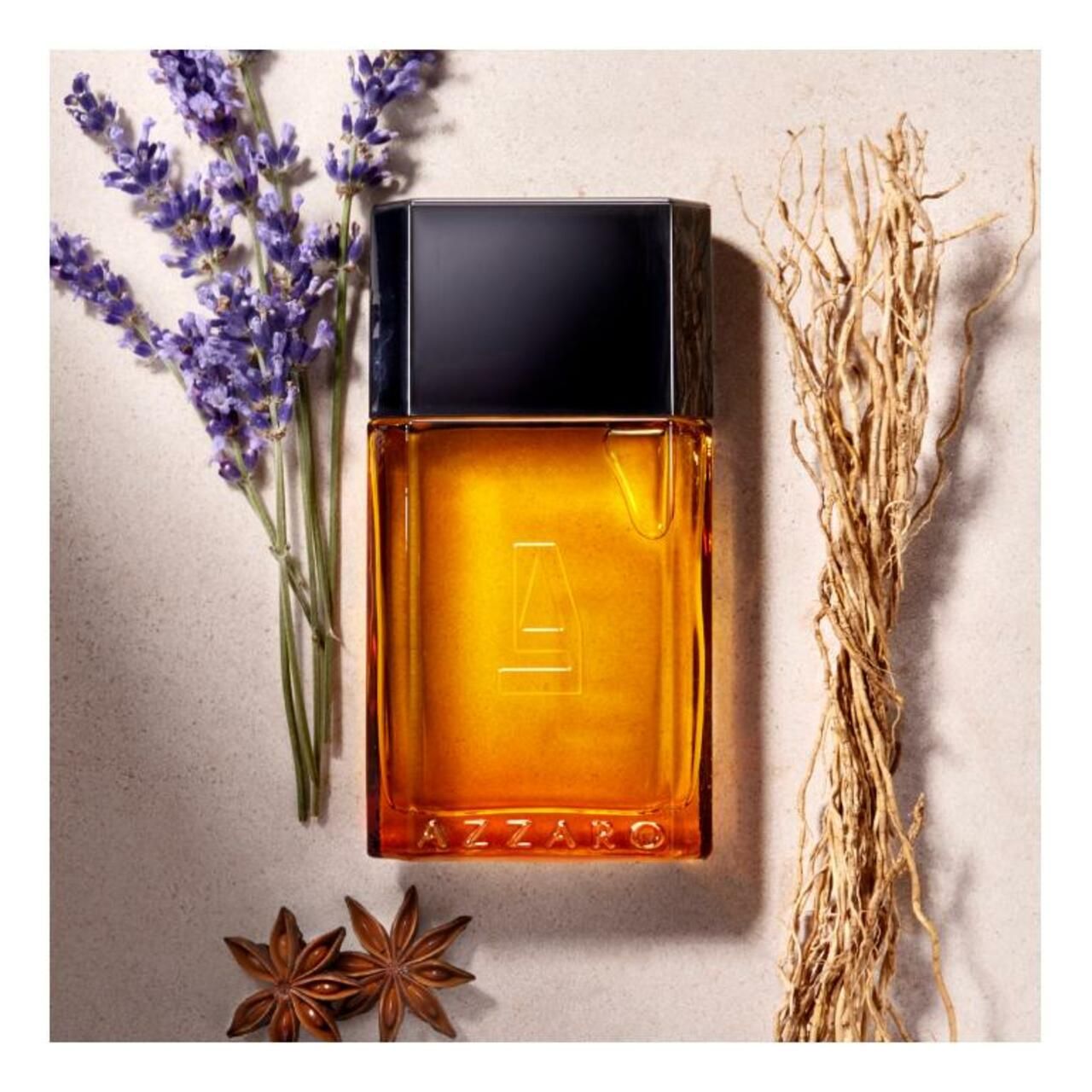Azzaro Pour Homme Eau de Toilette Spray. Flakon mit gelber Flüssigkeit. Dekoration mit Lavendel, Anis und Wurzeln.