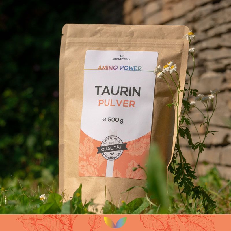 Braune Papierverpackung mit weißem Etikett. Aufschrift: Taurin Pulver, 500g. Logo: Sanutrition. Im Hintergrund: Grün und Blumen.
