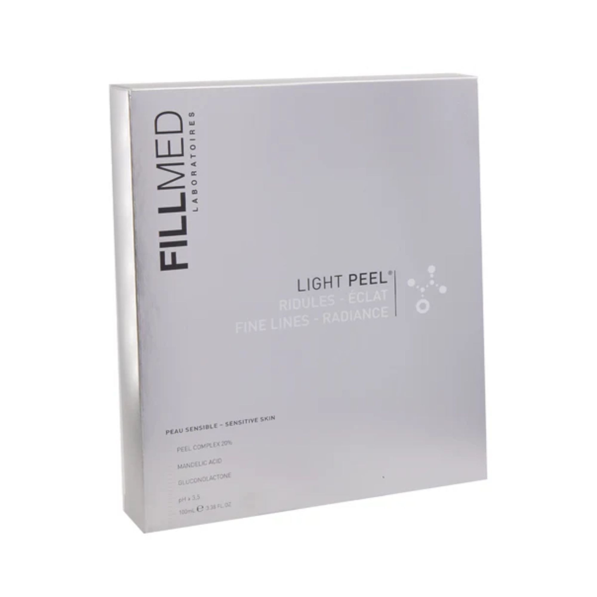 Graue Verpackung mit FILLMED-Logo und Produktbezeichnung LIGHT PEEL. Text: FINE LINES - RADIANCE, PEAU SENSIBLE - SENSITIVE SKIN.