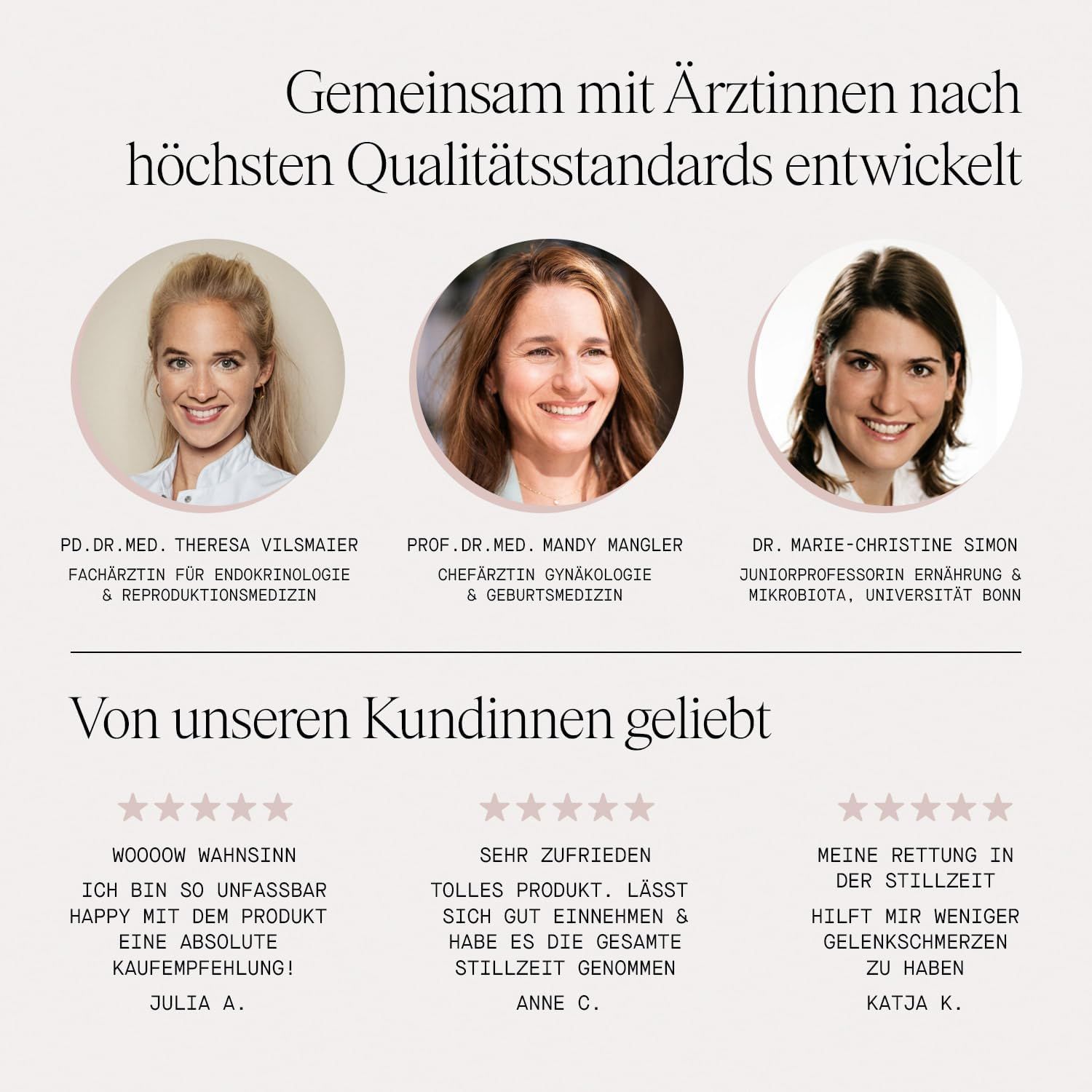 Drei Ärztinnen mit Titeln und Fachgebieten. Darunter Kundenbewertungen mit Sternen.