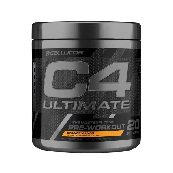 Dose Cellucor C4 Ultimate. Schwarze Dose mit weißer Schrift. Orangefarbener Streifen mit "Orange Mango". 20 Portionen.