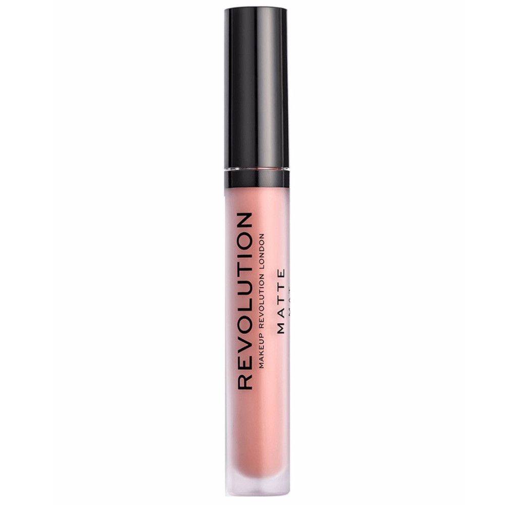 Geschlossene Lipgloss-Tube. Auf dem Tube steht "REVOLUTION LONDON MATTE".