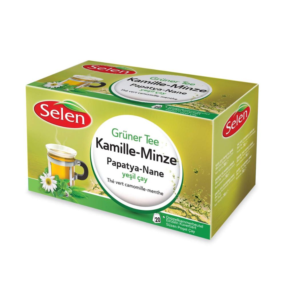 Grüner Tee Kamille-Minze-Verpackung. Grün-gelbe Schachtel mit Produktbezeichnung und Logo. 20 Beutel.