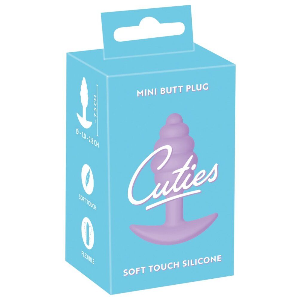 Verpackung mit lila Analplug. Text: Cuties, Mini Butt Plug, Soft Touch Silicone.