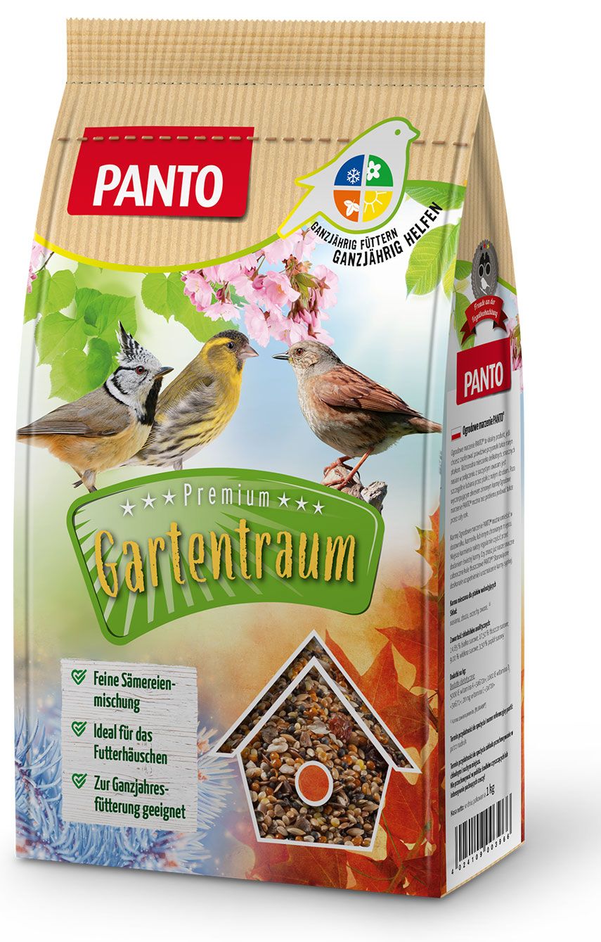 Papiertüte mit "PANTO"-Logo und "Gartentraum"-Schriftzug. Abbildung von Vögeln und Vogelfutter. Siegel mit Qualitätsmerkmal.
