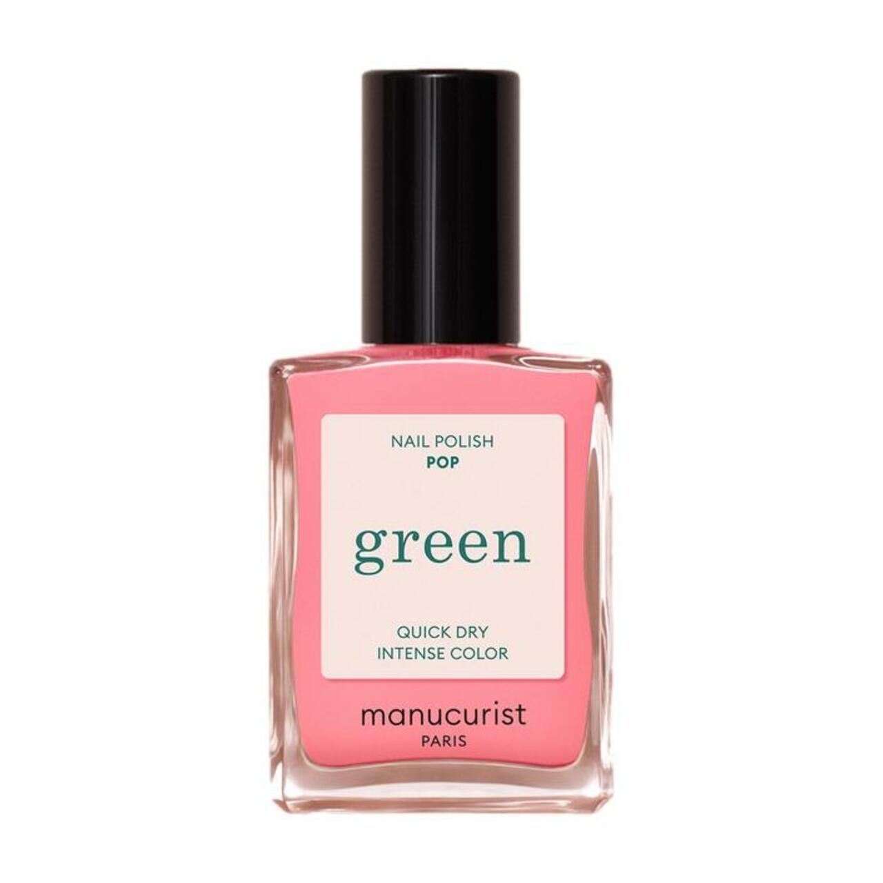 Rosa Nagellackflasche mit schwarzem Deckel. Aufschrift "green" und "Manucurist Paris".
