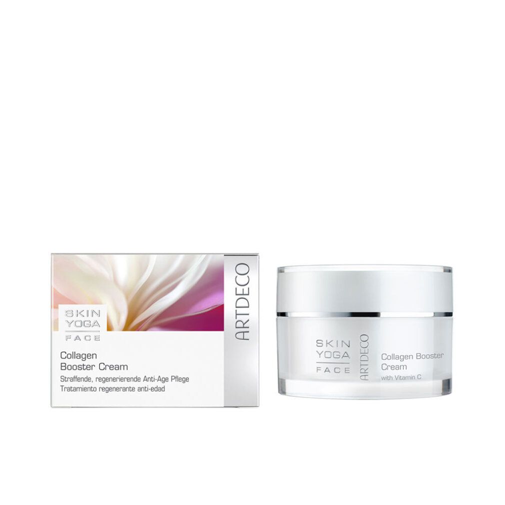 Produkt und Verpackung. Weißer Tiegel und Schachtel. Aufschrift: Skin Yoga Face, Artdeco, Collagen Booster Cream.