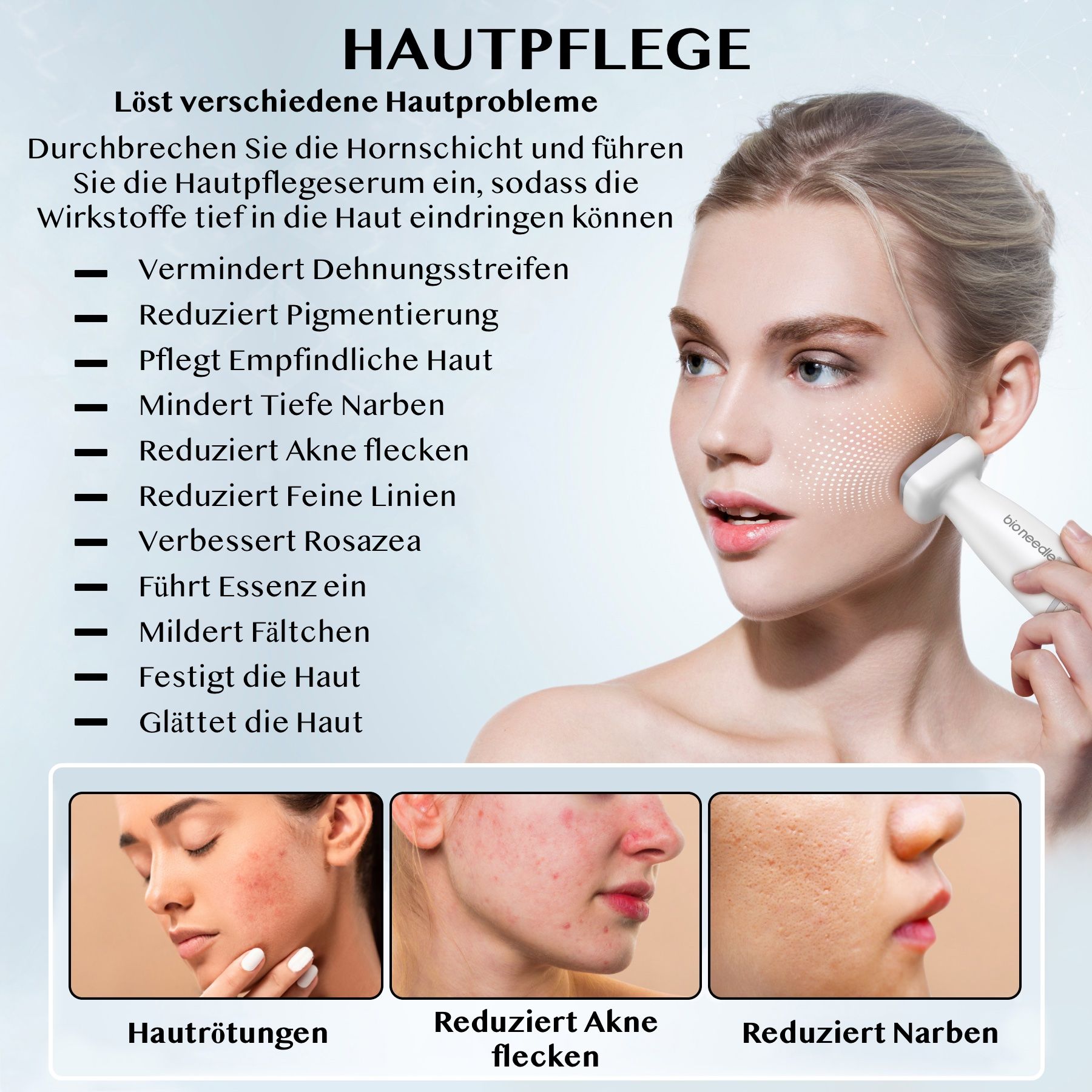 Cura della pelle con dermastamp. Testo: riduce le smagliature, la pigmentazione, le cicatrici, l'acne, le rughe.