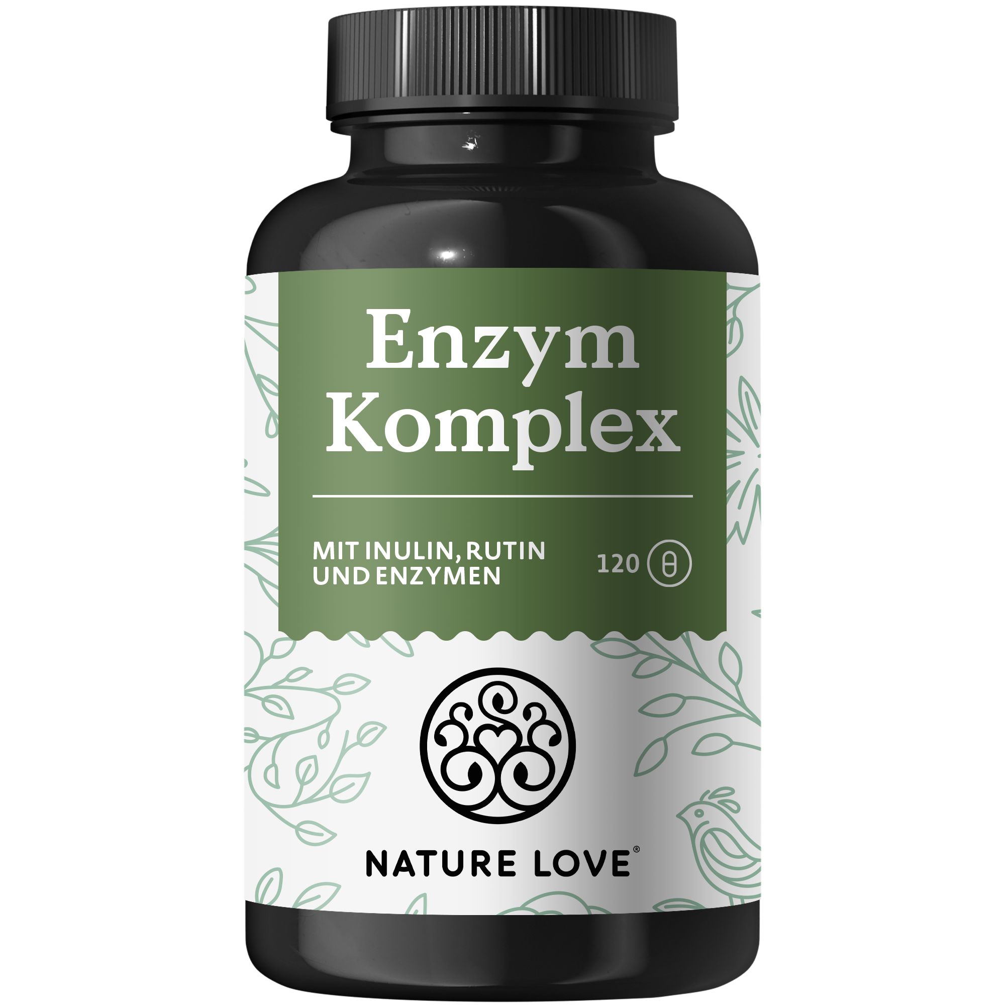 Schwarze Flasche mit Etikett: Enzym Komplex. Text: MIT INULIN, RUTIN UND ENZYMEN. 120 Kapseln. Logo: NATURE LOVE.