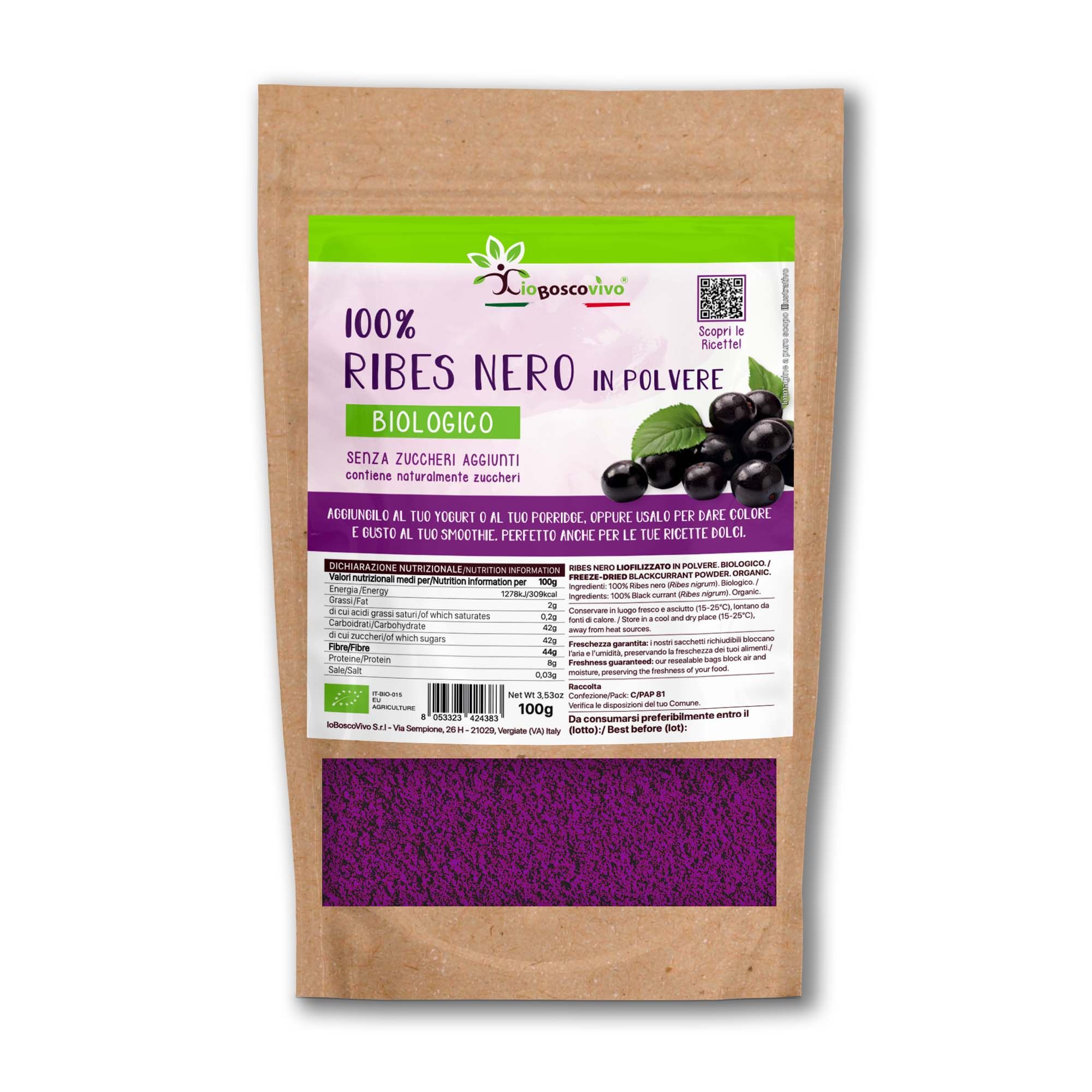 IoBoscoVivo Bio-Schwarze Johannisbeere gefriergetrocknet in Pulverform, allergenfrei