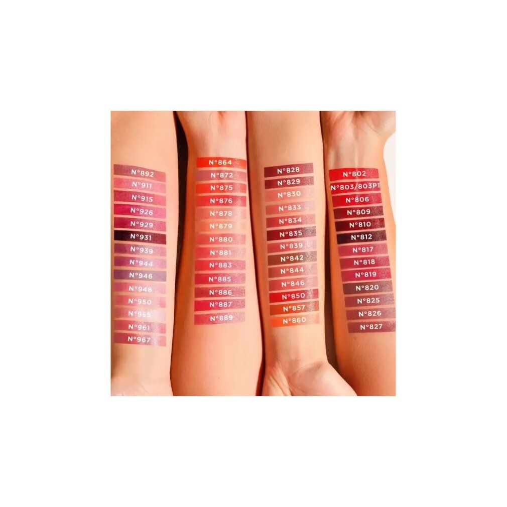 Vier Arme mit aufgetragenen Lippenstiftfarben in verschiedenen Rottönen, von hellrosa bis dunkelrot.