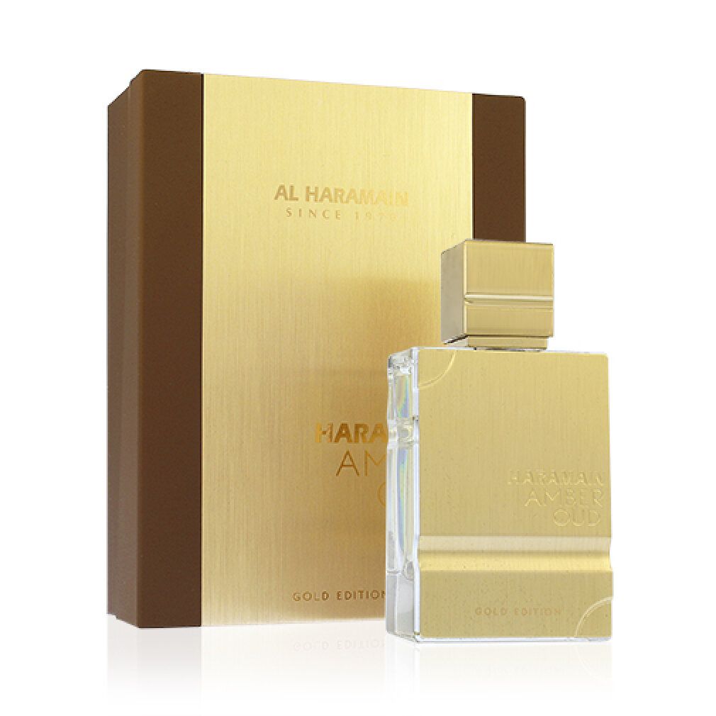 Goldfarbener Flakon und Verpackung. Aufschrift: Al Haramain Amber Oud Gold Edition. Flakon mit eckigem Deckel und rechteckiger Form.