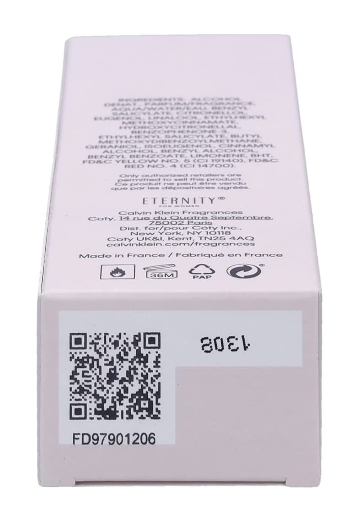 Verpackung mit Inhaltsstoffen, Warnhinweisen und QR-Code. Aufschrift: ETERNITY, Calvin Klein Fragrances.