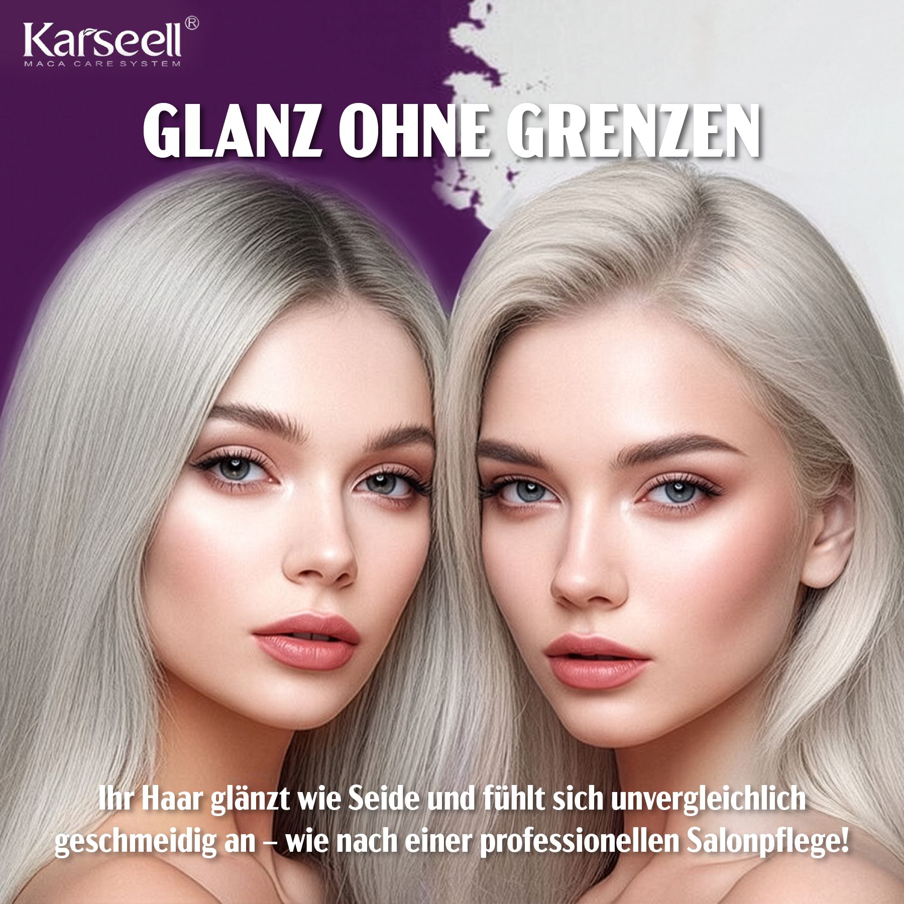 Karseell Haarmaske Purple. Zwei Frauen mit grauem Haar. Text: Glanz ohne Grenzen.