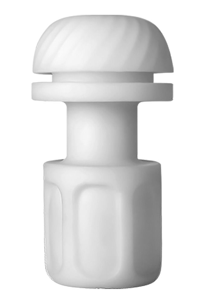 Weißes, zylindrisches Produkt mit geriffelter Oberfläche und Griff. Ein Ende ist abgerundet.