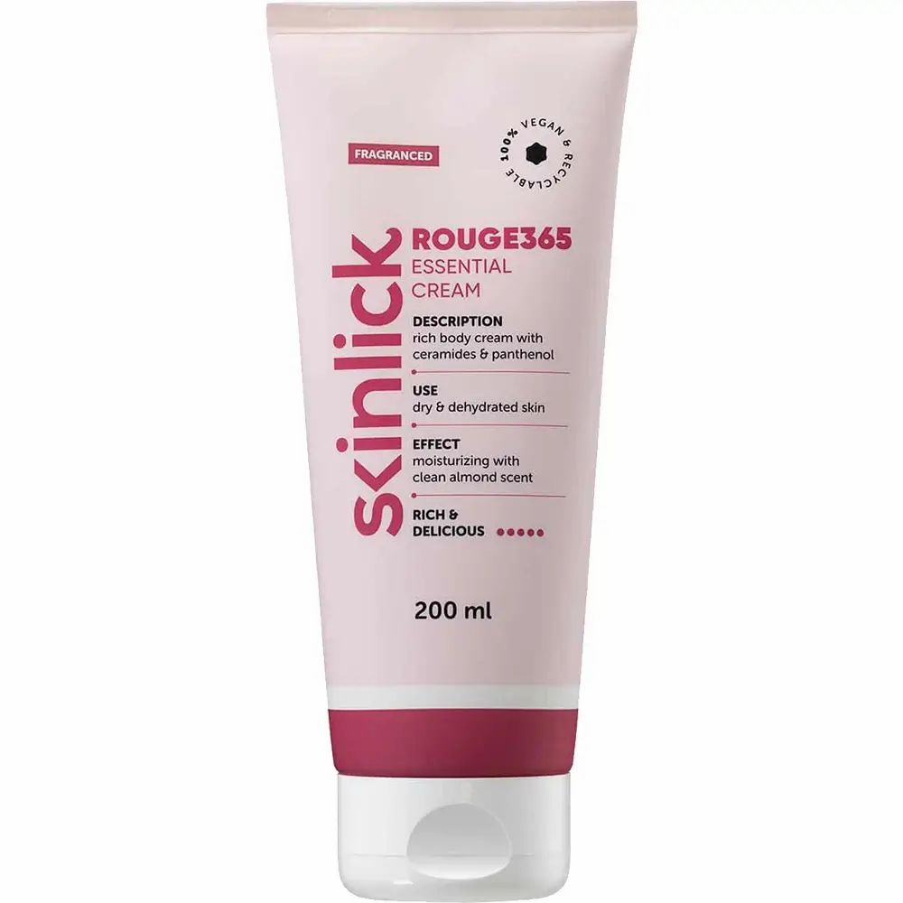 Creme-Tube mit SKINLICK Rouge365 Essential Cream. Rosa Tube mit weißem Deckel. Text: Beschreibung, Anwendung, Wirkung, 200 ml.