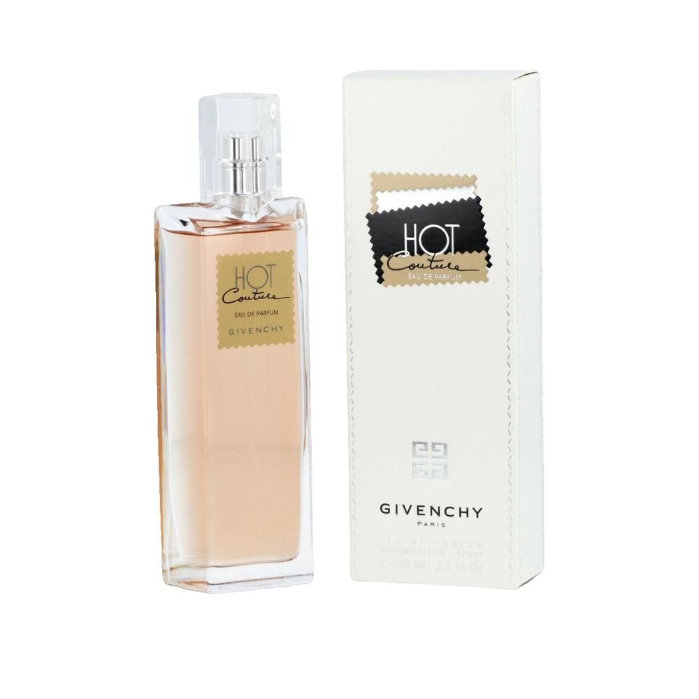 Givenchy Hot Couture Eau de Parfum. Rechteckiger Flakon mit Sprühkopf, daneben eine weiße Schachtel mit Logo. Aufschrift: Hot Couture.