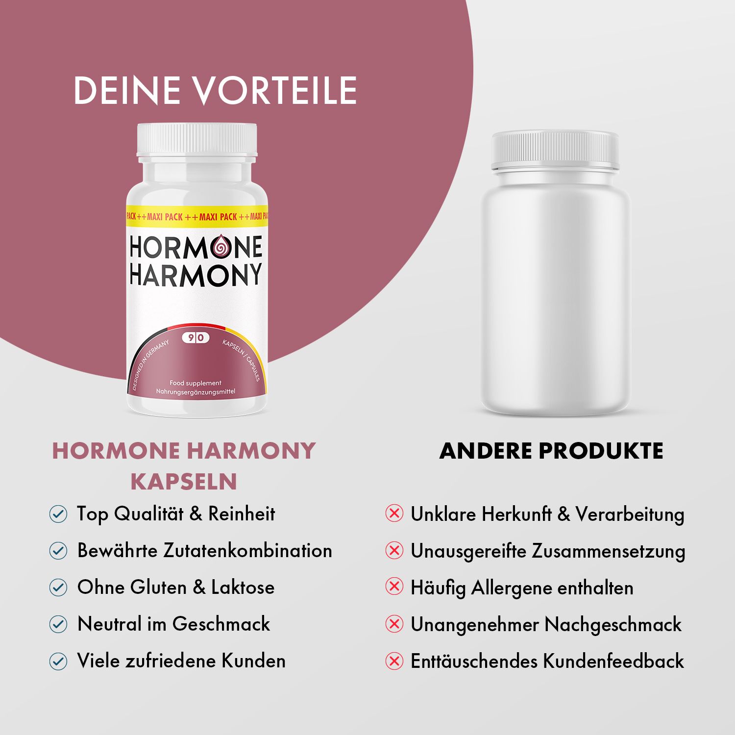 Flasche mit Kapseln. Aufschrift: Hormone Harmony, 90 Kapseln. Vergleich mit anderem Produkt. Vorteile und Nachteile.