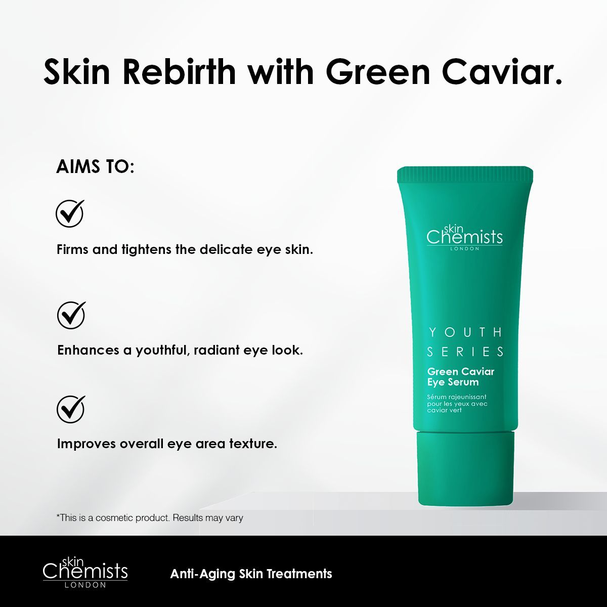 Grüne Tube mit "skinChemists" und "Green Caviar Eye Serum". Text: "Youth Series". Grafiken mit Wirkungen.