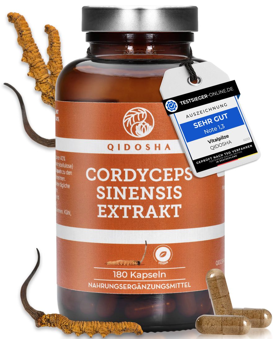 Braune Glasflasche mit Kapseln. Aufschrift: QIDOSHA Cordyceps Sinensis Extrakt, 180 Kapseln. Auszeichnung: Sehr Gut. Vitalpilze.