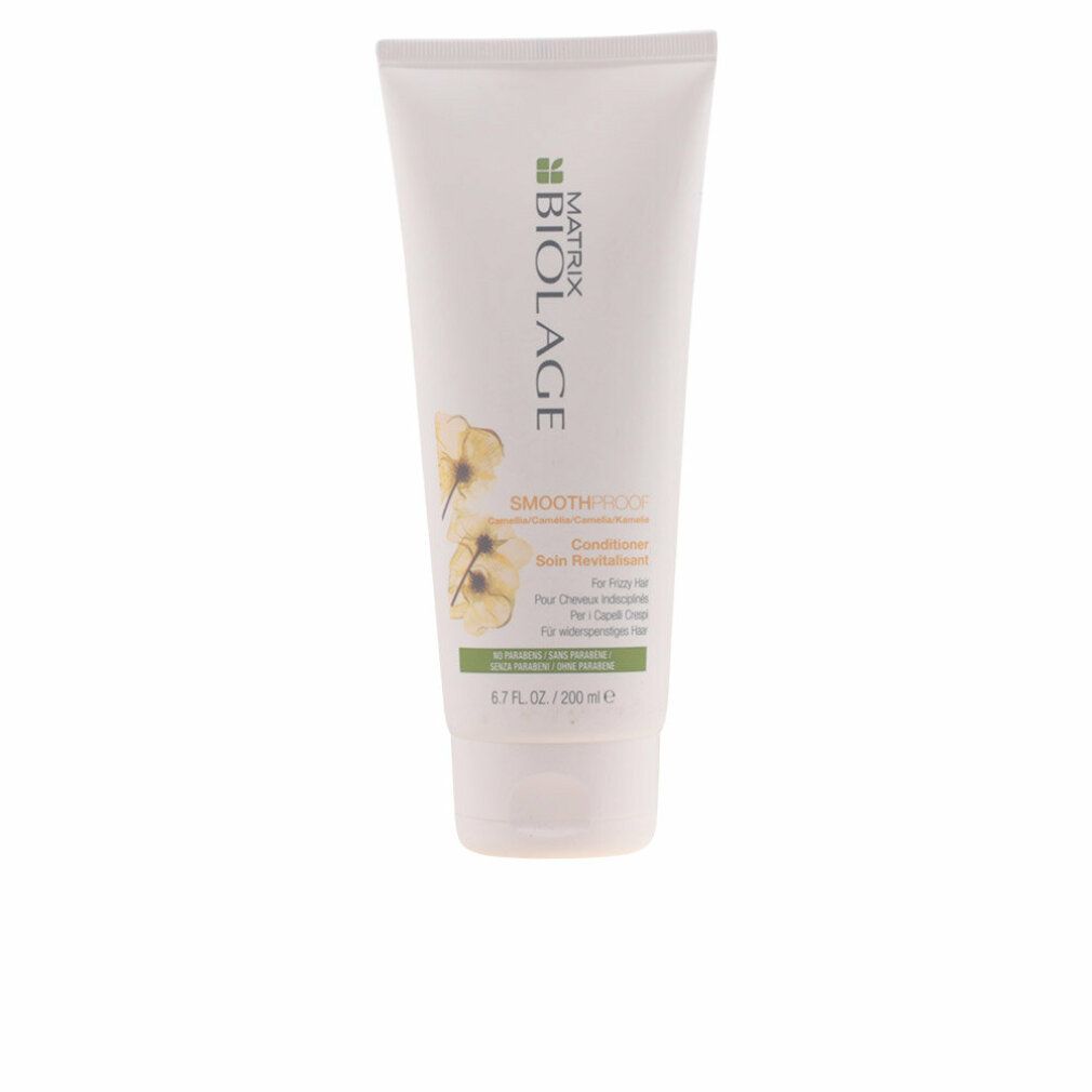 Weiße Tube mit BIOLAGE-Logo und SMOOTHPROOF-Schriftzug. Enthält Conditioner für krauses Haar. 200 ml.