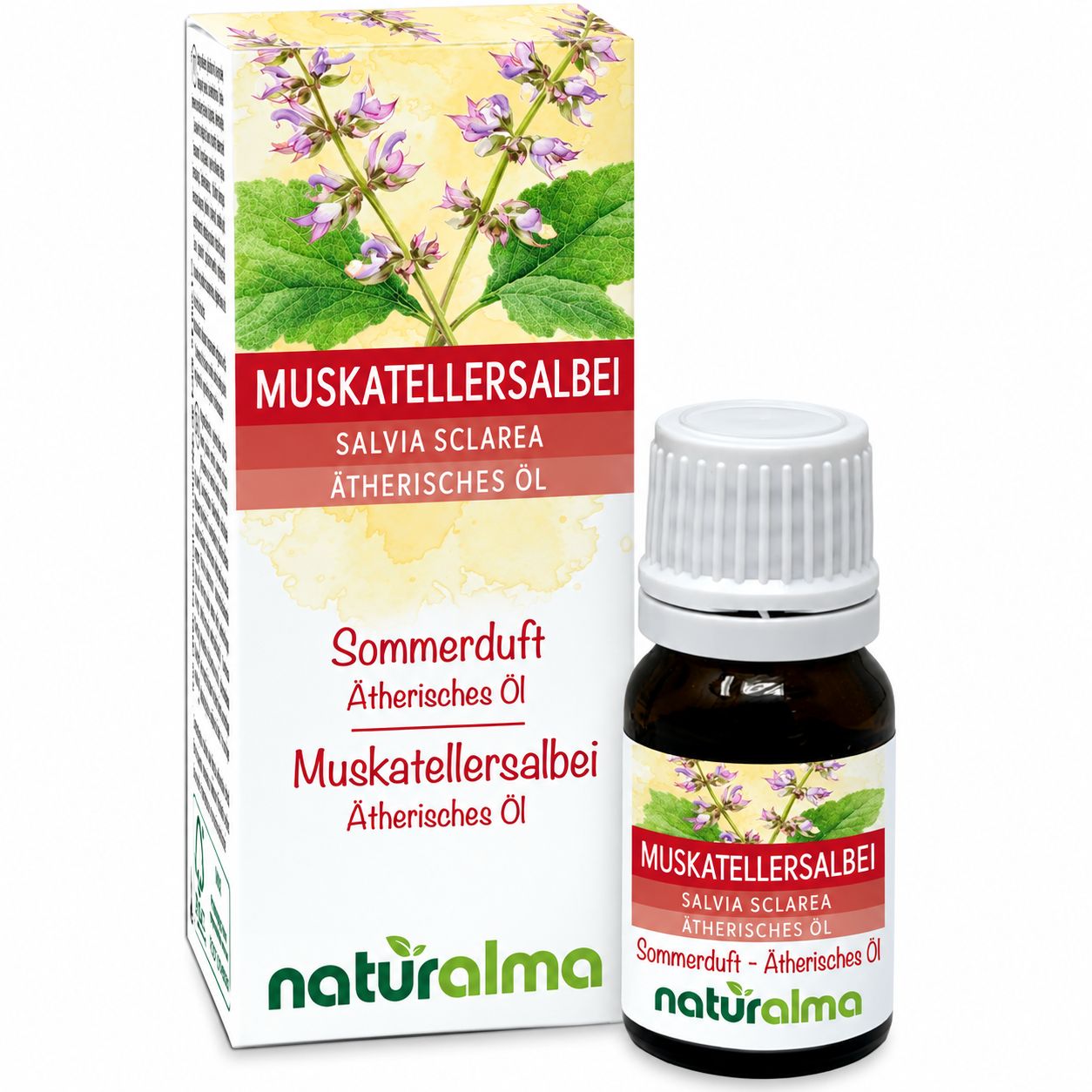 Muskatellersalbei Ätherisches Öl in Braunglasflasche mit Tropfer und Faltschachtel.