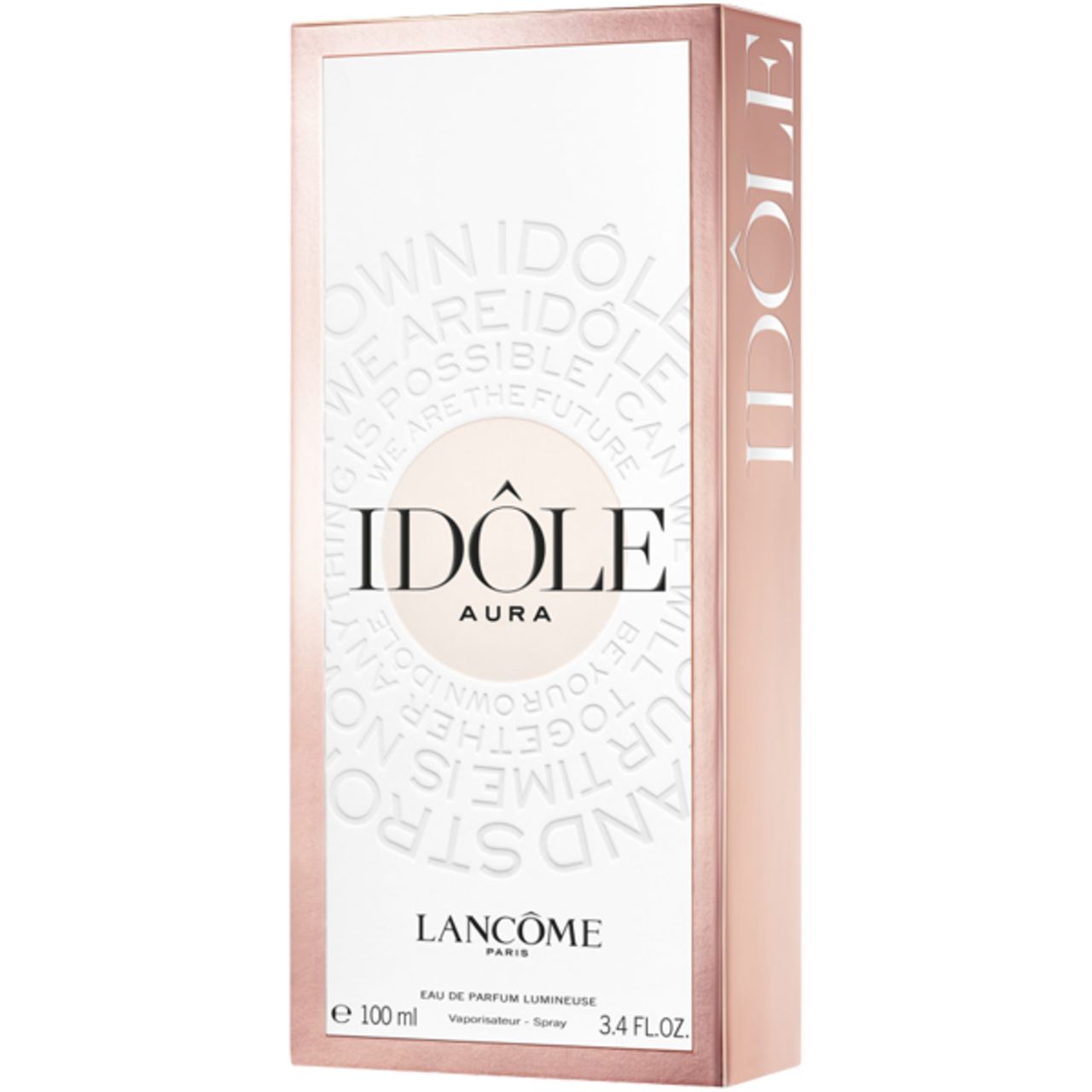 Rosa Verpackung mit weißer Schrift. Aufschrift: Idôle Aura, Lancôme. E.d.P. Vapo.