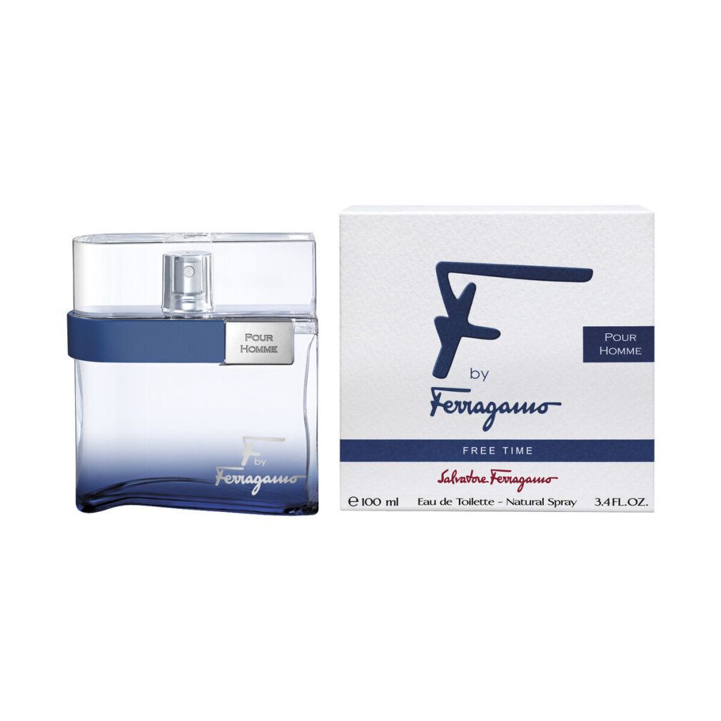 F by Ferragamo Free Time Edt. Spray, Flakon und Verpackung. Weiß-blaue Farbgebung. Aufschrift: F by Ferragamo, Pour Homme.