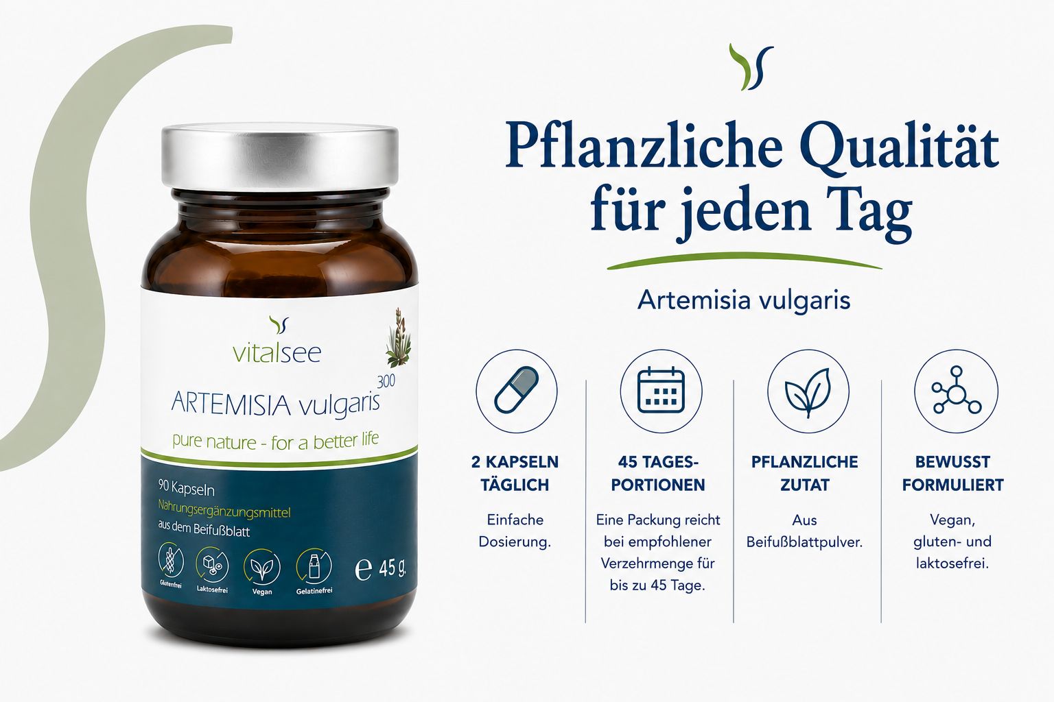 Braune Glasflasche mit Kapseln, Etikett mit "Artemisia vulgaris" und Vitalsee Logo. Beinhaltet Icons für tägliche Einnahme und pflanzliche Inhaltsstoffe.