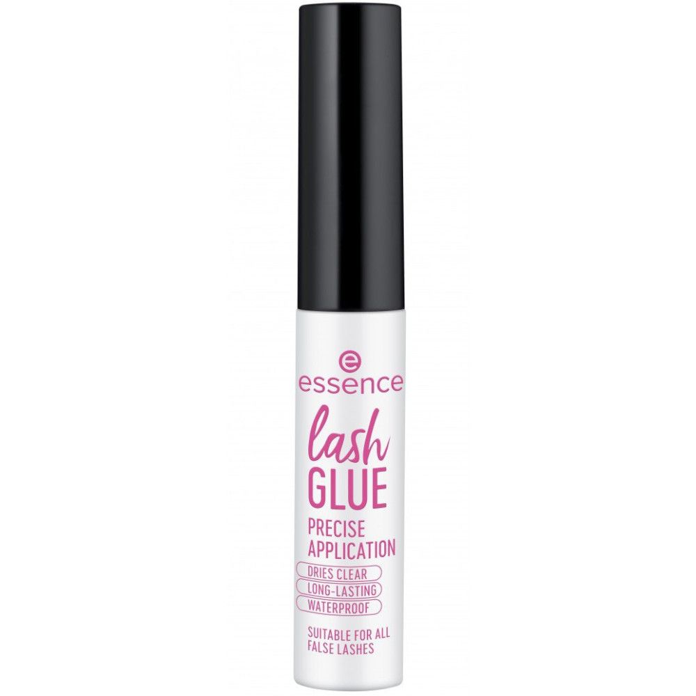 Klarer Behälter mit schwarzem Deckel. Enthält Text: Essence, lash GLUE, präzise Anwendung, trocknet klar, wasserfest.