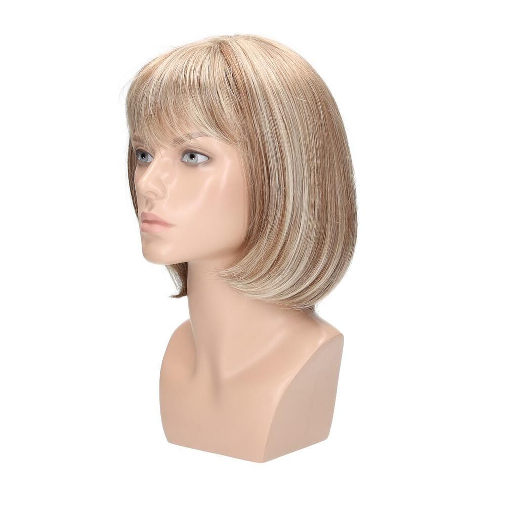 Perücke Nicole von Lofty auf Schaufensterpuppe. Blond mit braunen Strähnen, Bob mit Pony. Seitenansicht.
